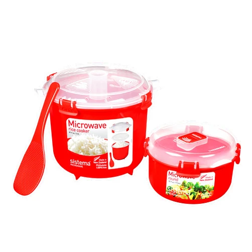 Sistema Microwave Rice Cooker and Steamer Bowl for Vegetables with Steam Release Vent, Dishwasher Safe, Red