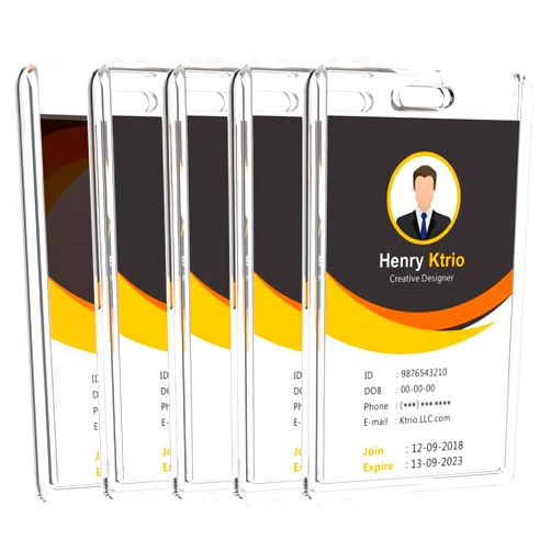 KTRIO 5 Pack Heavy Duty 2-Card Badge Holder, Clear Acrylic ID Card Holder with Easy Access Thumb Hole, Hard Plastic ID Badge Holder for Student, Nurse and Office - Vertical