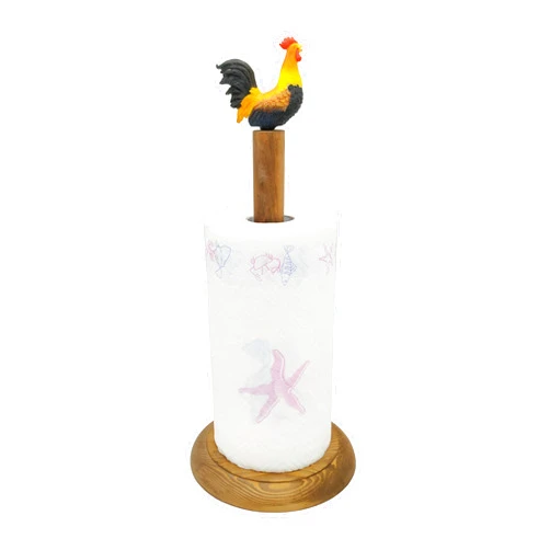 Owlgift Rooster Design Rustic Brown Wood Paper Towel Holder Stand Up Paper Towel Holder, Easy One-Handed Tear Kitchen Paper Towel Dispenser with Weighted Base for Standard Paper Towel Rolls