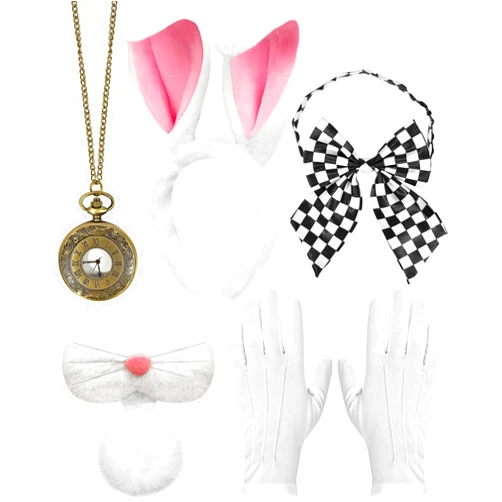 MUKOSEL White Rabbit Costume Set, White Rabbit Bunny Ears Headband, Bunny Tail, Nose, Bow Tie, Gloves & Pocket Watch Set, White Rabbit Bunny Costume Accessories for Women Men Halloween Cosplay Dress Up