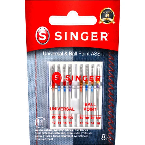 SINGER 04800 Universal Regular Point and Ball Point Sewing Machine Needle, Assorted Sizes, 8-Count