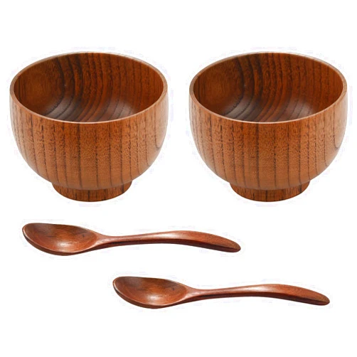 YUPVM 4 Pieces Wooden Handmade Bowl and Spoon for for Rice Miso Serving Home Kitchen Tableware