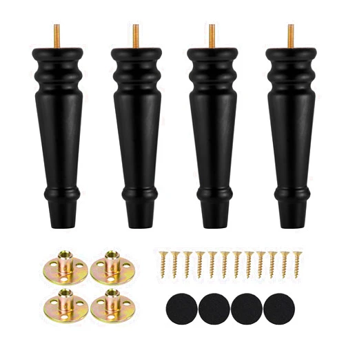 Maricome Furniture Legs 8 inches Set of 4 Wood Replacement Legs for Sofa Couch Cabinet Chair Black Solid Round Turned Screw in