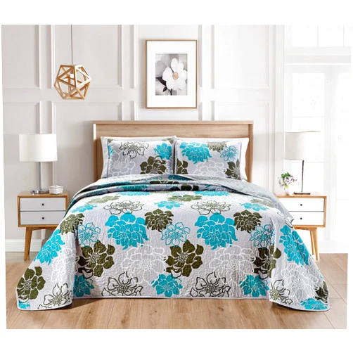Masterplay 3-Piece Fine Printed Oversize (100inch X 95inch) Quilt Set, Bedspread Coverlet Queen Size Bed Cover (Grey with Black, Turquoise Blue Floral),Oversize Queen
