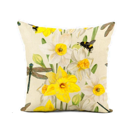 Awowee Flax Throw Pillow Cover Watercolor Lush Yellow and White Daffodils Dragonfly Bumblebee Beautiful 18x18 Inches Pillowcase Home Decor Square Cotton Linen Pillow Case Cushion Cover