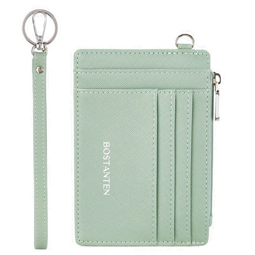 BOSTANTEN Small Wallet For Women RFID Leather Credit Card Holder Slim Wristlet Keychain Wallet With Zipper Pocket Light Green