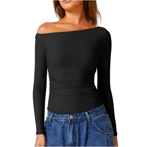 QINSEN Women's Sexy Off Shoulder Shirt Long Sleeve Double Lined Tops Side Ruched Fitted Tees