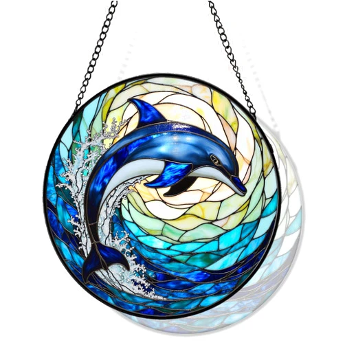 JAWNLITY Dolphin Stained Glass Suncather for Window Hanging with Ocean Wave, 6.3'' Blue Dolphin Ornament Gift for Women, Ocean-Themed Home Decor Gift for Beach & Sea Lovers (Blue Dolphin, 6.3'')
