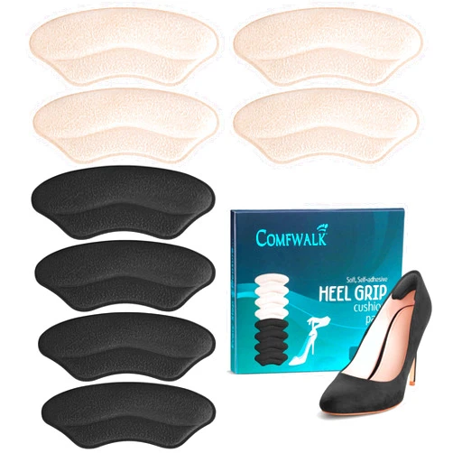 Comfwalk Heel Grip Cushion Pads - 4 Pairs, Self-Adhesive, Shoe Inserts for Loose Shoes, Snug Fit, Blister Prevention, Heel Comfort for Men and Women, Ideal for High Heels (Black & Beige, Lip-Shaped)