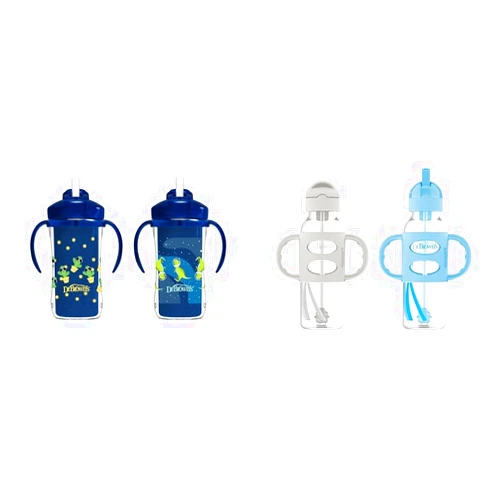 Dr. Brown's Milestones Insulated Sippy Cup with Straw and Handles - Blue - 10oz - 2-Pack - 12m+ & Milestones Narrow Sippy Straw Bottle with 100% Silicone Handles, 8oz/250mL, Gray & Blue, 2 Pack, 6m+