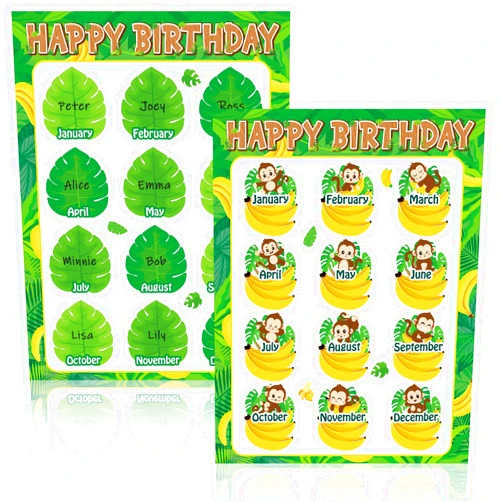 Qyeahkj 17.7 x 13.7 in Happy Birthday Chart Poster Set Safari Monkey Calendar Birthday Classroom Decorations Jungle Theme Animal Birthday Chart Bulletin Board Back to School Teaching Supplies Decor