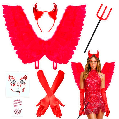 MOVINPE Red Devil Costume Accessories for Women, Halloween Infernal Feather Wings Devil Horns Headband Trident Self Adhesive Face Gems Jewels Wound Tattoos Cosplay Party