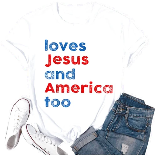 QIANRUO Loves Jesus and America Too Shirt Women Patriotic Christian T-Shirt God Bless America Tee 4th of July Gift Tops
