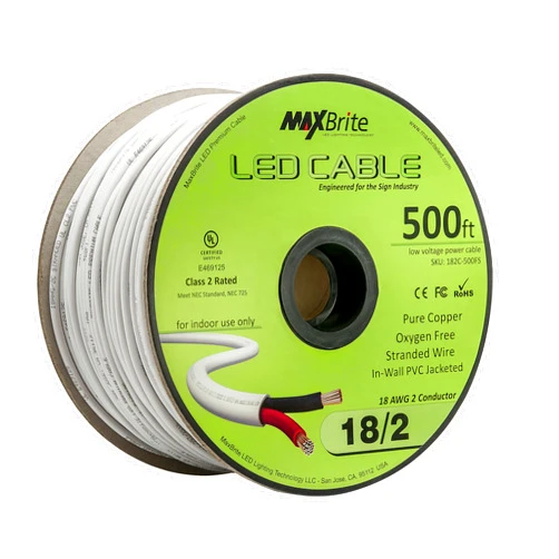 MaxBrite 18AWG Low Voltage LED Cable 2 Conductor Jacketed in-Wall Speaker Wire UL/cUL Class 2 (500 ft Reel)