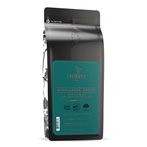 Lifeboost Highlander Grogg Coffee Ground - Low Acid Single Origin USDA Organic Coffee - Non-GMO Highlander Grogg Ground Coffee Third Party Tested For Mycotoxins & Pesticides - 12 Ounces