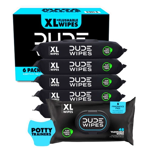 DUDE Baby Wipes - Flushable Baby Wipes Unscented - (6 Pack) 288 Wipes - Extra Large Wet Wipes Flushable - Vitamin-E & Aloe - Septic and Sewer Safe