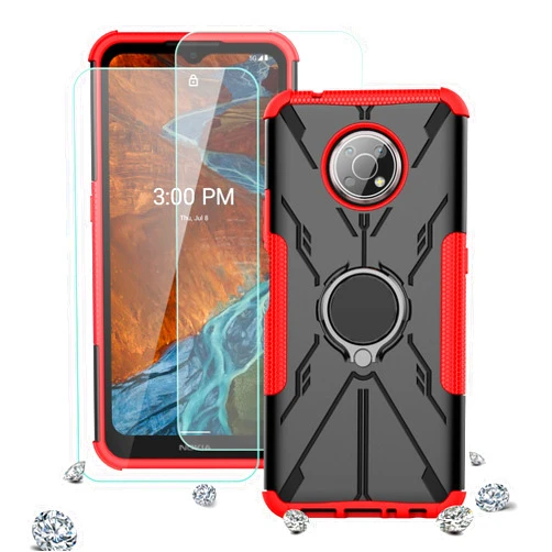 Iokmax for Nokia G300 Case with HD Screen Protector(2 Pack),[Military Grade Protection] Heavy Duty Phone Case Built in Ring Kickstand for Nokia G300 (Red)