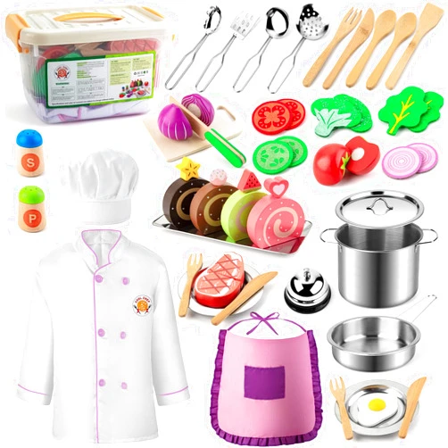 EFO SHM 44PCS Play Kitchen Accessories, Wooden Play Food, Kids Kitchen Pretend Play Toys with Stainless Steel Play Pots & Pans Sets, Apron & Chef Clothes, Kitchen Toys for Toddlers Preschoolers Kids