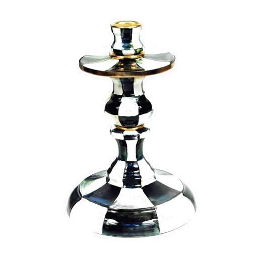 MACKENZIE-CHILDS Courtly Check Enamel Pillar Candlestick, Cute Black-and-White Pillar Candle Stand, Small