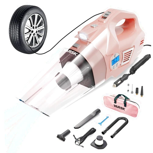 VARSK 4-in-1 Car Vacuum Cleaner High Power, Presents for Her Women Girls Mom, Pink Handheld Car Vacuum Portable Tire Inflator with Digital Tire Pressure Gauge LCD Display and Light, 12V DC, 15FT Cord