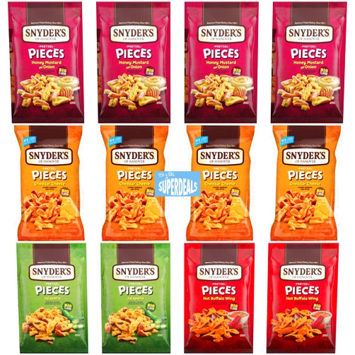 SUPERDEALS Snyder's of Hanover Pretzel Pieces Family Favorite Bundle – 12-Pack (2.25 oz each) – 4 Honey Mustard & Onion, 4 Cheddar Cheese, 2 Jalapeno, 2 Hot Buffalo Wings – Includes Mystery Gift bundeld by SUPERDEALS – Perfect for Parties, Movie Nights, & Snack Lovers