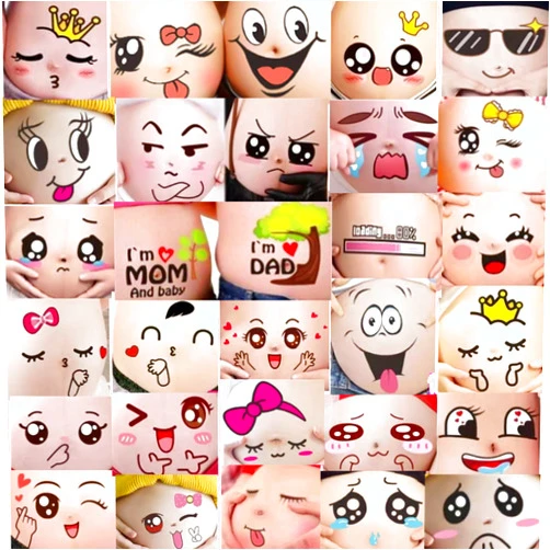 Famirun 30 Pack Funny Facial Expressions Stickers Pregnant Babies Bump Belly Stickers for Pregnant Women Photography Props