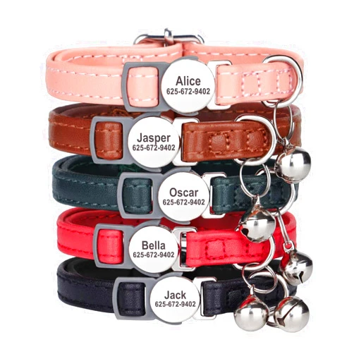 KINYABLUE Personalized Cat Collar Breakaway with Engraved Name and Phone Number, Adjustable PU-Leather Customized Kitten Collar with Bells (8-12