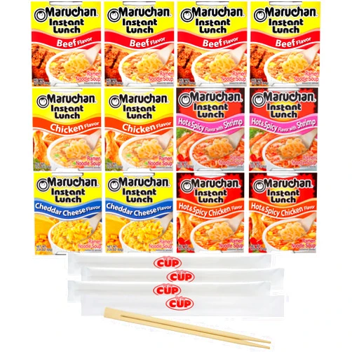 By The Cup Maruchan Ramen Instant Lunch Variety, 5 Flavors (Pack of 12) with By The Cup Chopsticks