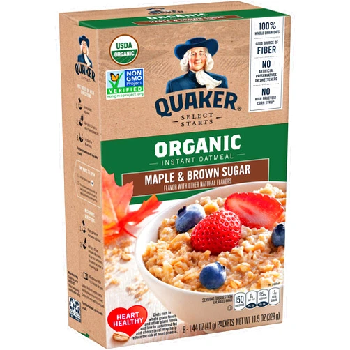 Quaker Instant Organic Oatmeal Maple & Brown Sugar Breakfast Cereal, 8 Packets Per Box (Pack of 6 Boxes)