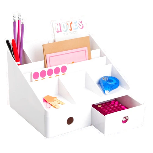 mDesign Plastic Home Office Storage Bin Desk Organizer for Desktops, Tables, Work Spaces - Holds Scissors, Pens, Markers, Highlighters, Tape, Folders, Note Pads, Supplies - 2 Drawers - White
