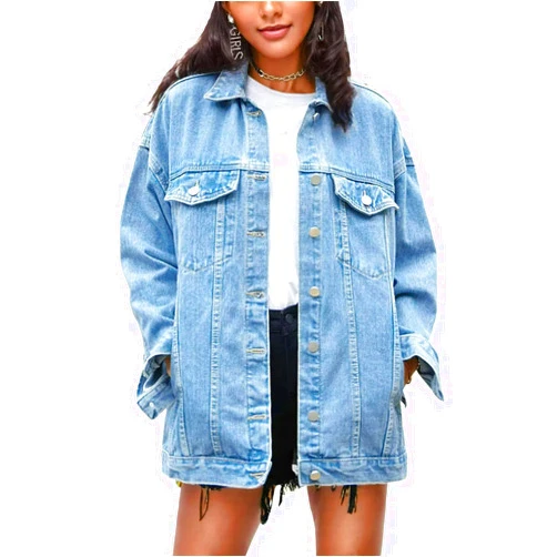 Omoone Women's Oversized Mid Long Denim Jacket Jean Biker Coat
