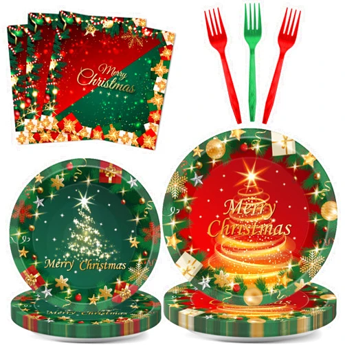 Gisgfim 96PCS Christmas Party Supplies Paper Plates Napkins Red and Green Christmas Party Tableware Set Xmas Tree Party Birthday Decorations Favors for Merry Christmas Winter Holiday Dinner Serves 24
