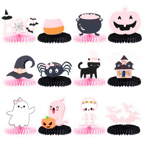 LeeSky Pink and Black Halloween Honeycomb Centerpieces Halloween Birthday Baby Shower Table Centerpieces Sticks for Halloween Baby Shower Birthday Party Table Decorations - 12Pcs