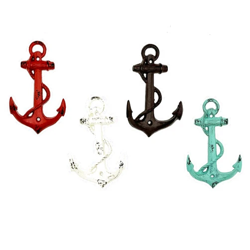 Remenna Cast Iron Decorative Wall Hooks Coats Aprons Hats Towels Hooks Beach Ocean Theme Chic Metal Hooks for Coats, Aprons, Hats, Towels, Pot Holders, More… (Boat Anchor (Set of 4))