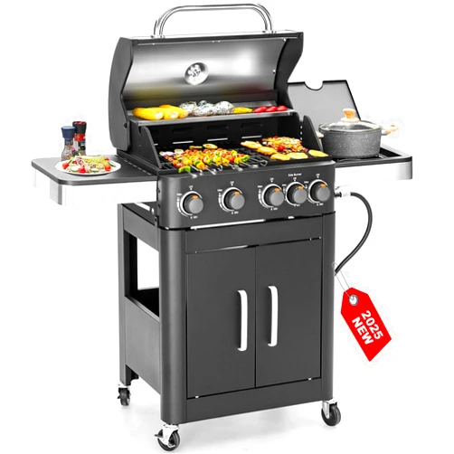 GREEN PARTY 2 in 1 Propane Gas BBQ Grill with Side Burner & Porcelain-Enameled Cast Iron Grate, 4-Burner Flat Top Griddle, 46,700 BTU Outdoor Barbecue Propane Griddle Grill Combo for Camping, Patio, Backyard