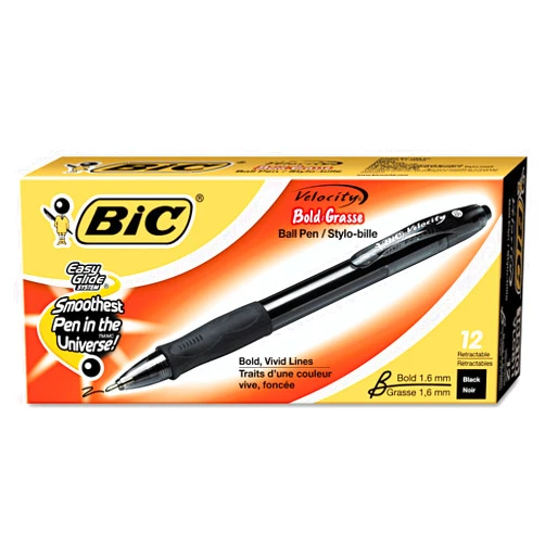 BIC VLGB11BK Velocity Retractable Ballpoint Pen, Black Ink, 1.6mm, Bold, Dozen