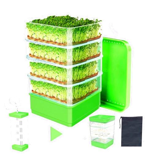 PHAIN 4-Tier Seed Sprouting Kit with Drain Holes and Drain Tray, Upgrade Stackable Microgreens Fresh Organic Bean Seed Sprouter Tray Ripple Soil-Free Sprouter Tray for Beans Alfalfa Seeds
