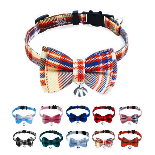 BuntyJoy Breakaway Cat Collar with Cute Bow Tie and Bell, BuntyJoy Cat Collars for Girl Cats and Boy Cats, Safety Kitten Collars, Stylish Plaid Patterns, Brown, Pack of 1
