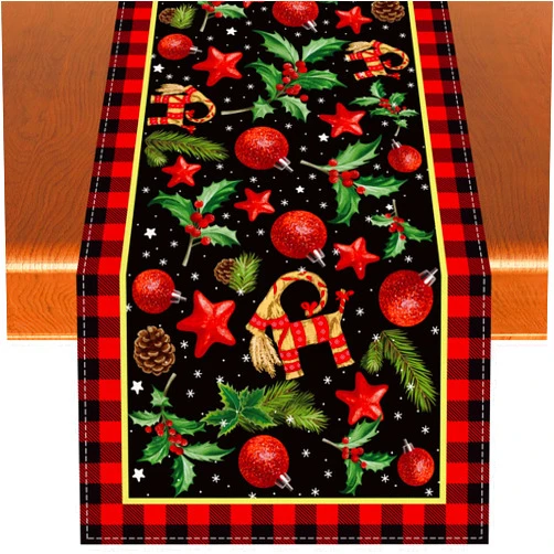 Rvsticty Linen Yule Table Runner Pagan Christmas Tablecloth Scandinavian Straw Goat Julbock Mistletoe Yule Christmas Decorations and Supplies for Home Table-13×72''