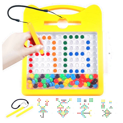 SRENJU SINU Magnetic Drawing Board for Kids with Beads and Magnet Pen, Alphabet Numbers Color Preschool Learning Toys, Magnetic Dot Art, Road Trip Airplane Activities Magnet Toys for Kids(Yellow Cat)
