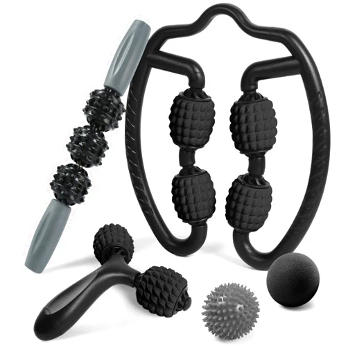 Odoland Foam Roller Set with 360° Trigger Point Massage Roller, Muscle Roller Stick, Y Shaped Handheld Roller, 2 Massage Ball for Leg, Arms, Muscle Myofascial and Deep Tissue Pain Relief, Black