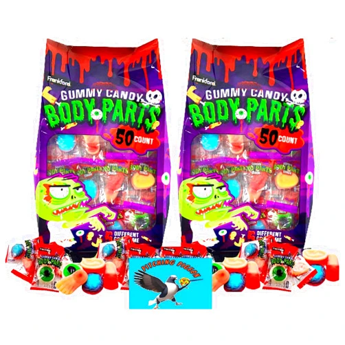 PITCHING PIGEON Frankford Candy Gummy Body Parts 100 Count Bulk Halloween Trick or Treat Candy Individually Wrapped - Includes Bonus PITCHING PIGEON Brand Magnet
