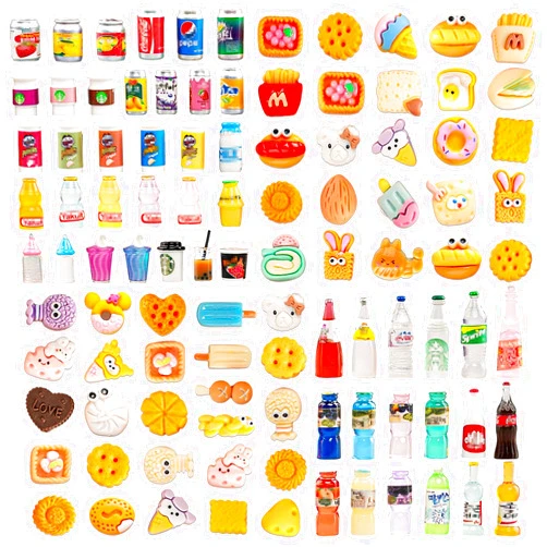 GALAOMA 100pcs Miniature Food Drink Mini Brand Bottles Soda Pop Cans Cake Ice Cream Pretend Play Kitchen Game Party Accessories Toys for 1/12 Doll House Resin Food Figures Dollhouse Kitchen Decorations