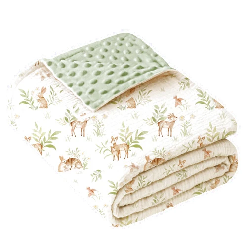 Konssy Baby Blankets for Unisex Boys Girls, Super Soft Nursery Minky Blankets with Muslin Cotton Front and Dotted Fleece Backing, Printed Bed Throws Newborn