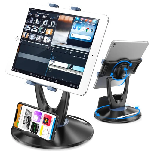 DeskLogics iPad Tablet Stand Holder for Desk - 6 inch to 13 inch - Stable, Adjustable - 360° Swivel Angle Pen Phone iPad Stand for Store, Retail Kiosk, Reception, Home Office, Gift Ideas - Black