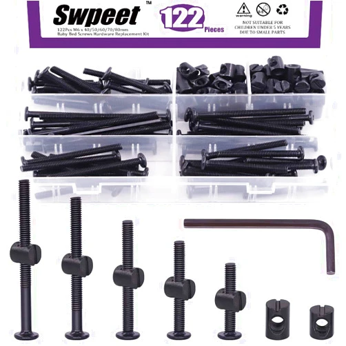 Swpeet 120Pcs Crib Hardware Screws, Black M6 × 40/50/60/70/80mm Hex Socket Head Cap Crib Baby Bed Bolt and Barrel Nuts with 1 x Allen Wrench Perfect for Furniture, Cots, Crib Screws 15/20/25/30/35