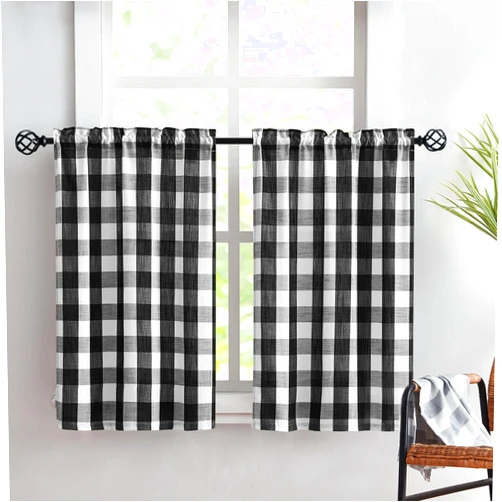 Treatmentex White-Black Check Kitchen Curtains 36inch Length Buffalo Plaid Tier Curtain Set for Bathroom Café Curtain Set for Basement Laundry Room 27
