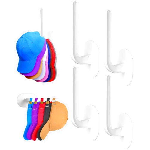 Eiito Hat Rack for Wall(4 Pack),Hat Organizer for Baseball Caps,Multi-Purpose Hat Rack,Hat Organizer Holds 10 Caps,Two Mounting Options,Self-Adhesive and Drilled (White)