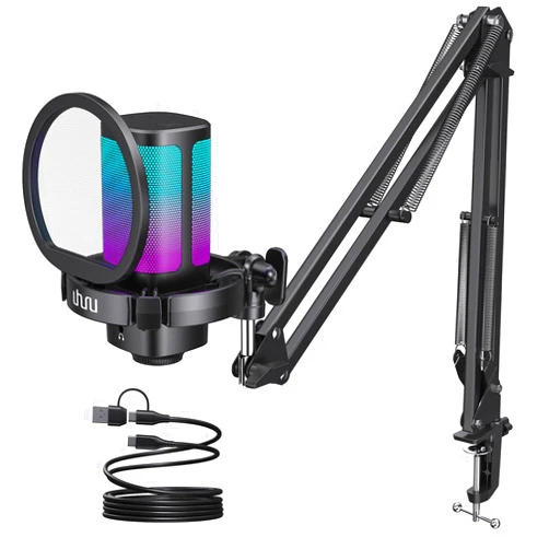 UHURU Gaming USB Microphone for PC, Computer Mic with Controllable RGB for PS4/5 Gamers, Podcast Mic with Boom Arm, Noise Cancellation, Mute Button, Gain Knob for Streaming Discord Twitch-UM2S