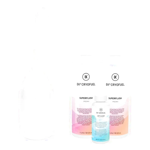 EKWB EK-CryoFuel Loop Cleaner Concentrate (250ml), Superflush Premix (2000ml), and Filling Bottle Bundle